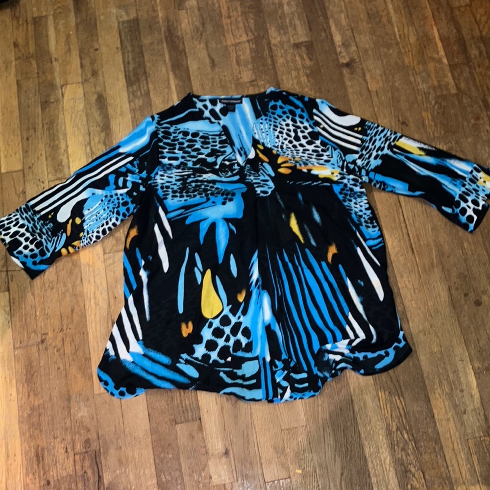Ashley Stewart Blue and Black Graphic 3/4 Sleeve Blouse